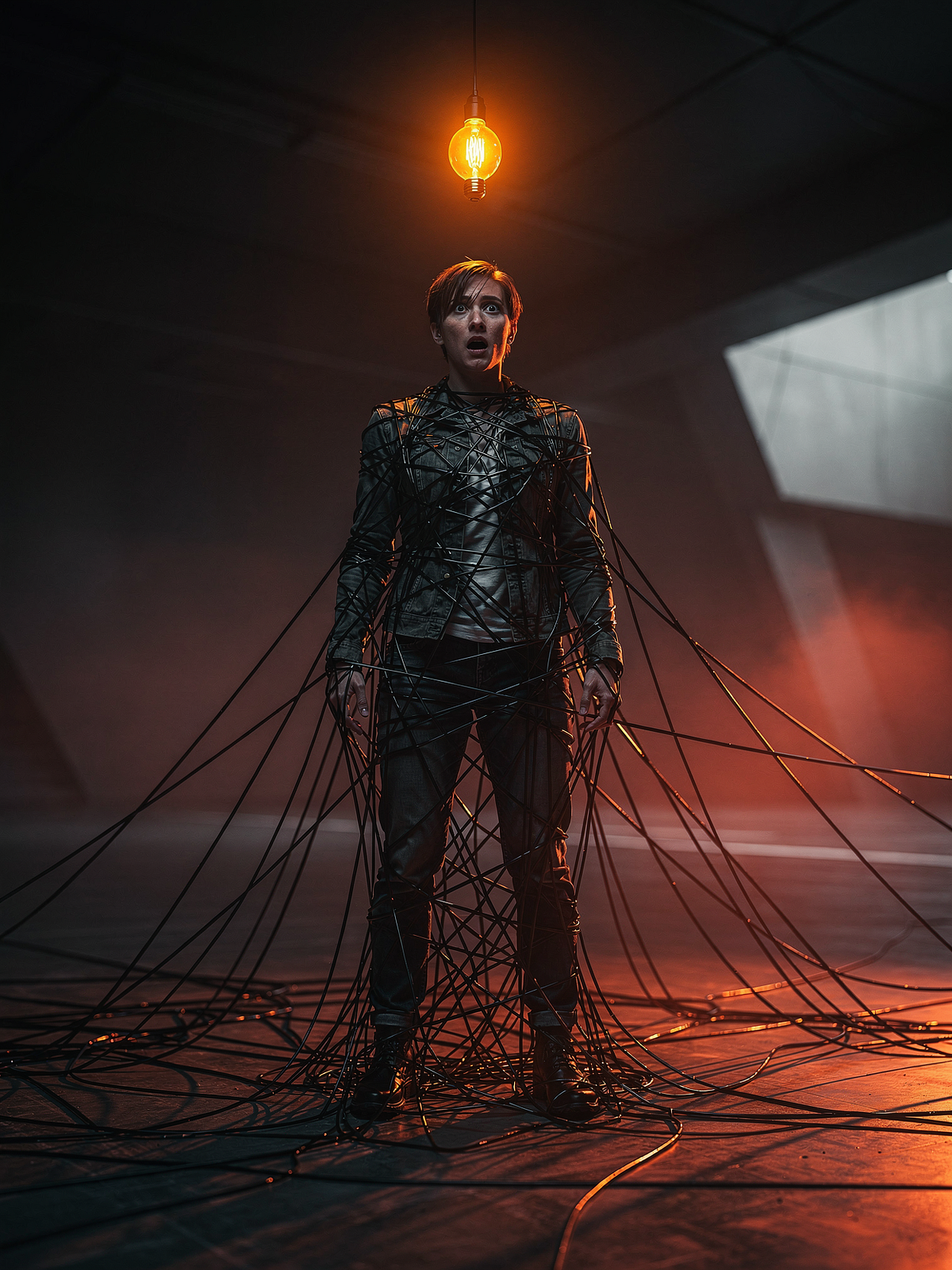 Person tangled in cables representing AI dependency
